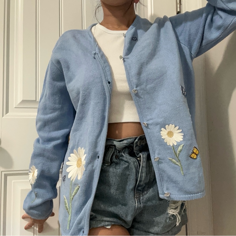 Vintage TIA cotton Cardigan with daisies  and butterflies